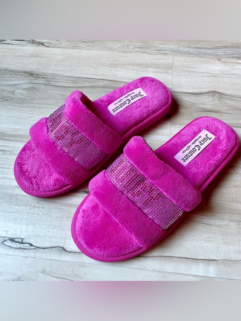 Juicy Couture Fuchsia Plush Slide Slippers with Rhinestone Strap